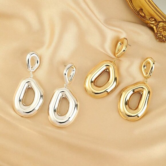 Silver OR Gold women's Lightweight Geometric Oval Chunky Drop Earrings - Picture 2 of 7